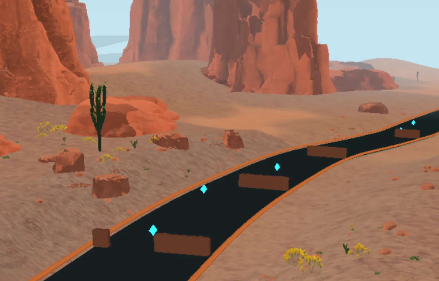 In-development Magnet Rush environment with a winding track through a stylized desert landscape