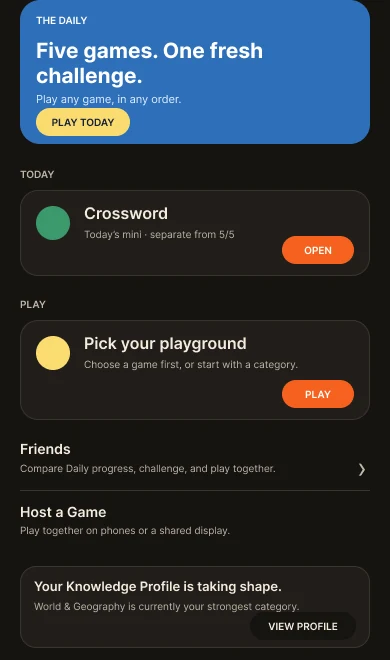 Dark-mode More Than Most Trivia app interface showing the Daily challenge and gameplay modules